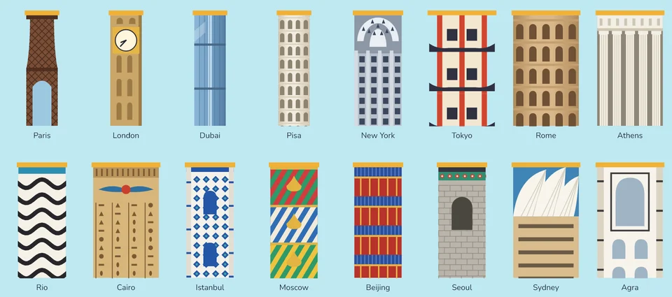 Sixteen of the landmark rooftops: Paris, London, Dubai, Pisa, New York, Tokyo, Rome, Athens, Rio, Cairo, Istanbul, Moscow, Beijing, Seoul, Sydney and Agra.
