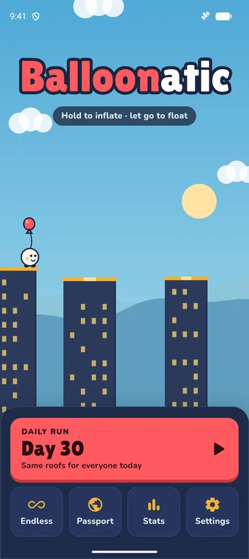 The main menu: the Balloonatic title over the rooftops, today's Daily run, and Endless, Passport, Stats and Settings.