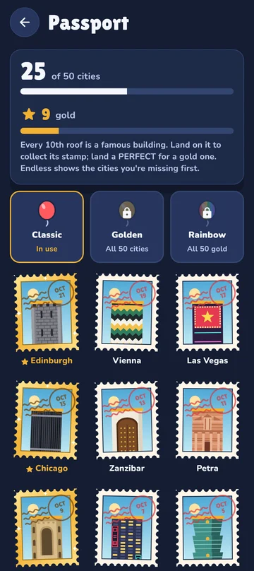 The passport screen: cities collected and gold stamps counted, the three balloons to choose from, and a grid of postage stamps for Edinburgh, Vienna, Las Vegas, Chicago and more.